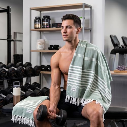 Image of Ultrasoft Bamboo Bath Towel | Quick Dry, Compact & Lightweight | Turkish Striped Satin Weave | Sage Green | 63x33 Inch | 210 GSM