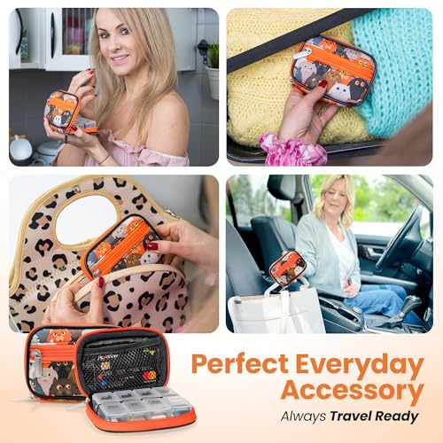 Image of Made Easy Kit Pill Case - Weekly Medicine Organizer with Removable Seven-Day Vitamin & Supplement Box - Premium Neoprene for Travel Purse Accessory (Orange Cat)