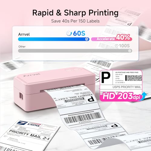 Image of Bluetooth Thermal Shipping Label Printer with Stand and 500 Sheets Fanfold Thermal Labels for Small Business (Pink