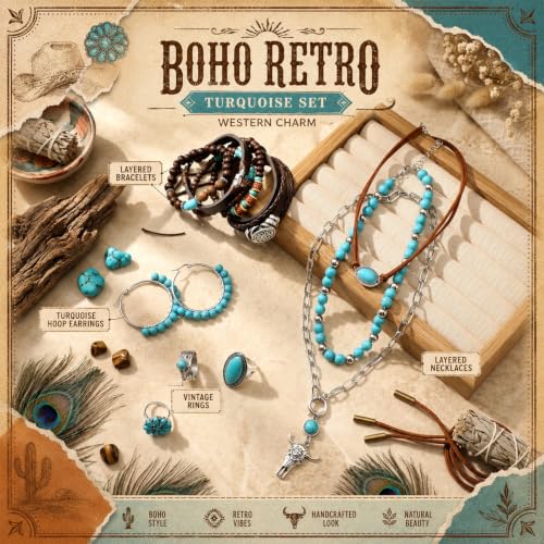 Image of Ecally Bohemian Western Jewelry Turquoise Set Women Country Pendant Long Choker Layered Bracelets Earrings Ring for Women
