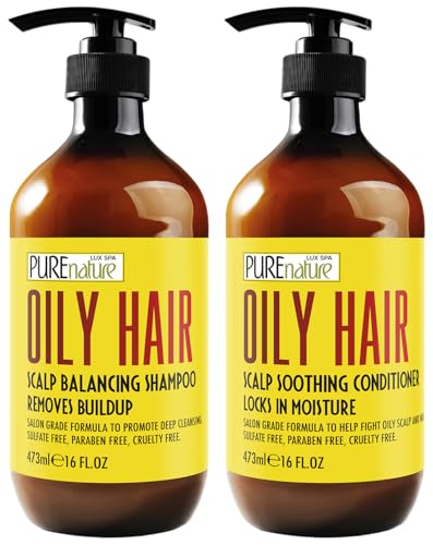 Oily Hair Shampoo and Conditioner Set - Sulfate Free Moisturizing Cleanse for Oily, Flaky Scalps - Fights Dandruff and Itchiness - Salon Professional Formula - For Men and Women - 16 Fl Oz (Set of 2)