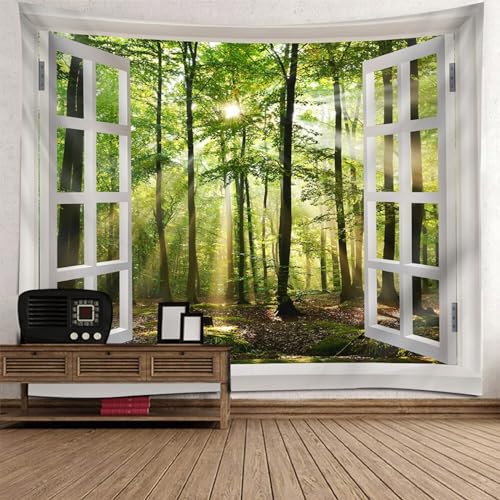 Mesnt Wandbehang Natur Bild Fensterblick, Weißes Fenster mit natürlicher...