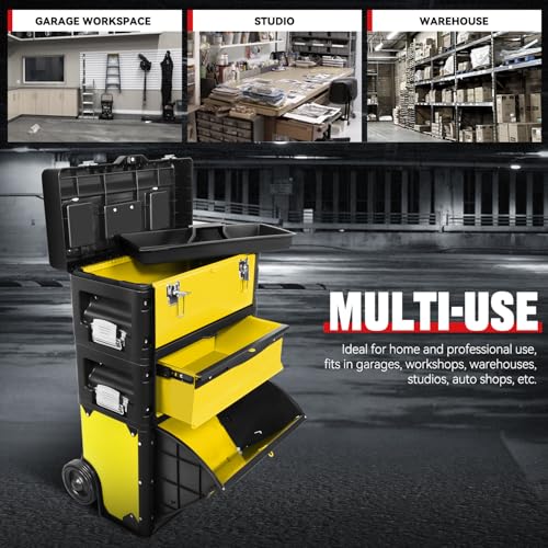 Image of Auto Dynasty 3-Tier Stackable Tool Box, 19.5 Inch 3-in-1 Rolling Tool Box with Wheels, Portable Steel and Plastic Rolling Upright Trolley Toolbox Organizer for Garage Workshop, 3-Piece Set, Yellow