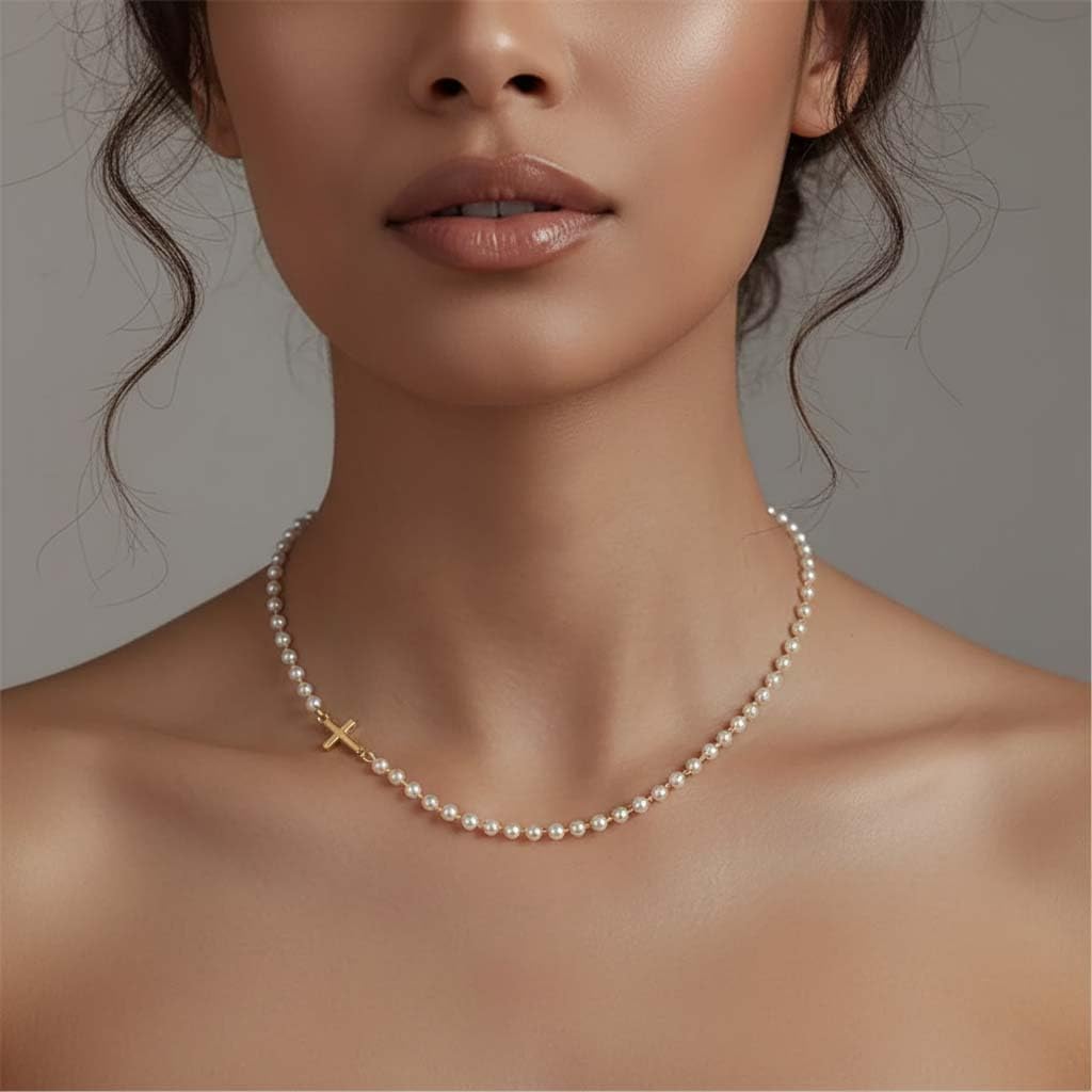 Pearl Cross Necklace for Women 14K Gold Plated Cross Pendant with Simulated Pearl Beads Sideway Cross Necklace Dainty Choker Christian Jewelry Gifts - Image 2
