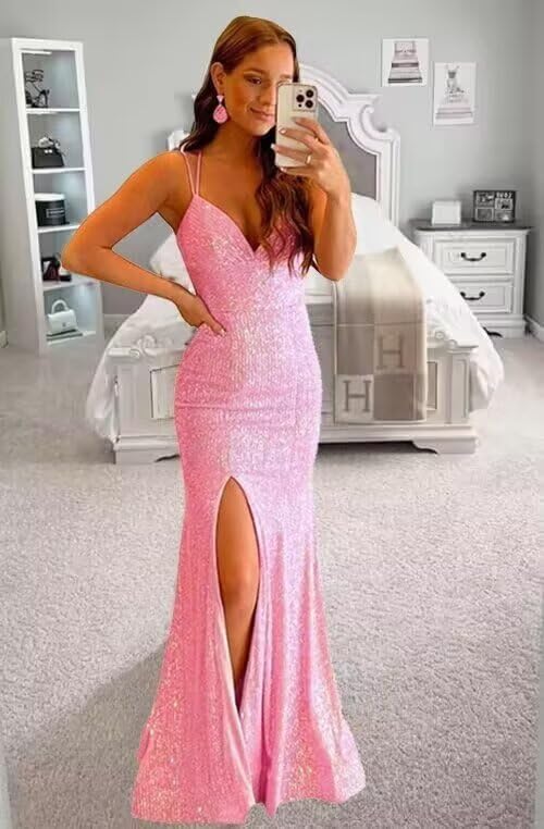 Spaghetti Strap Sequin Prom Dress 2025 Long V Neck Mermaid Glitter Formal Dresses Evening Gowns with Slit3