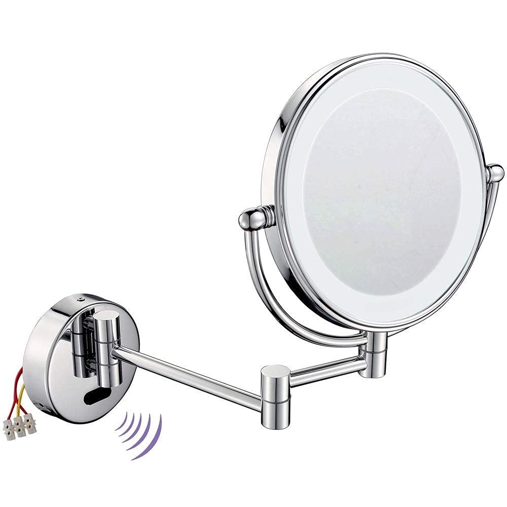 Specchi for il trucco da bagno, lavabo a parete a doppia faccia in ottone illuminato 3X ingranditore barba pieghevole con interruttore