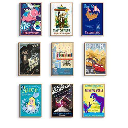Disney Ride Posters for Wall, Radiator Springs, Space Mountain, Tower of Terror, Mad Tea Party, Peter Pan's Flight, Disney Ride Reproduction Wall Art (set of 9, 11 x 17) Vintage Disney Posters