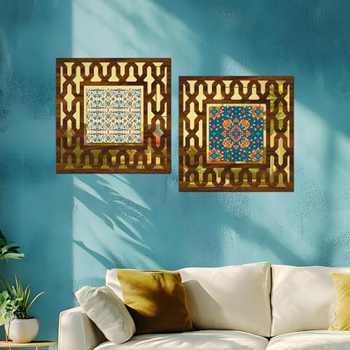 Image of Wooden Turkish Pattern Mirror Wall Decor Panel for Home Decor Living Room Bed Room Office (AD6, 12X12 Inches, Set of 2)