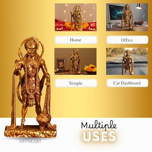 Image of Hanuman Ji Murti - Lord of Sarangpur Gold Idol (7 x 12 cm) - Polyresin Statue for Car Dashboard, Temple, Home & Office Decor - Spiritual Gift for Birthday, Diwali, Housewarming