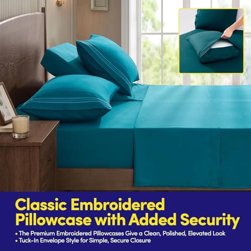 Image of Split Head King Sheets Set for Adjustable Beds 4 Piece Flex Top Bed Sheets - Deep Pocket Split Top Fitted Sheet with Built-in Corner Straps, Luxury Soft Cooling Bedding, Wrinkle Resistant, Teal