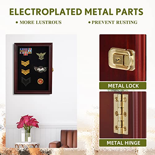 Image of Pine Pin Display Case, 11 inchx15 inch Non-Dust Pin Collection Display Shadow Box with High Transparency UV Protection Acrylic Glass Door for Jewelry Pins, Military Badges, Medals, Red Finish