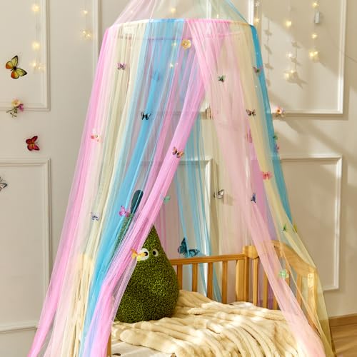 Image of Rainbow Bed Canopy with Butterflies for Girls,Breathable Canopy Bed Curtain for Bed,Princess Play Tent for Kids Room Reading Nook