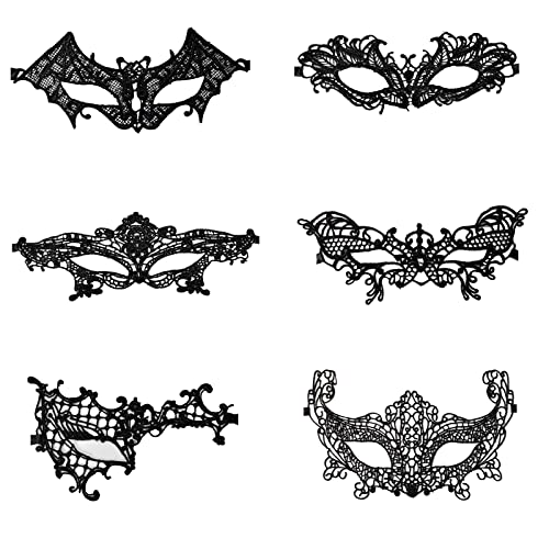 Spitze Augenmaske 6 Stück Venezianische Maske Damen Sexy Lace Schwarz für Fasching Maskerade Masquerade Halloween Karneval Cosplay Party Kostüm...