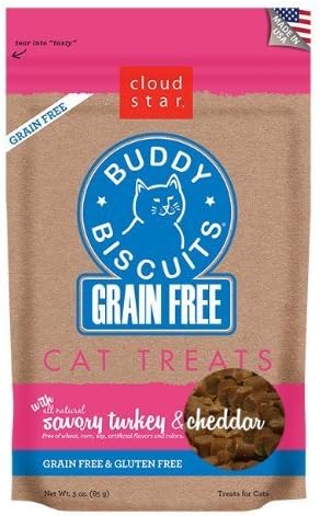 Cloud Star Grain Free Buddy Biscuits for Cats, Savory Turkey and Cheddar, 3 Ounce(2Pack)