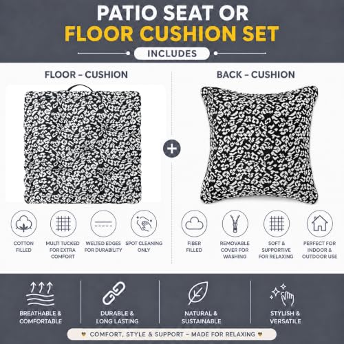 Image of Woven Quilted Floor Cushion Set 50x50x10 CM Black and White Animal with Fillers & Back Cushion, Large Size for Seating, Patio Seat, Meditation, Yoga, Pooja, Guests, Living 20x20x4 Inch