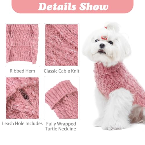 Image of Turtleneck Small Dog Sweaters - Valentine Classic Cable Knitwear Winter Coat for Small Medium Dogs Male Female Puppy Dog Cold Weather Clothes Girls Boys, Light Pink, S /M