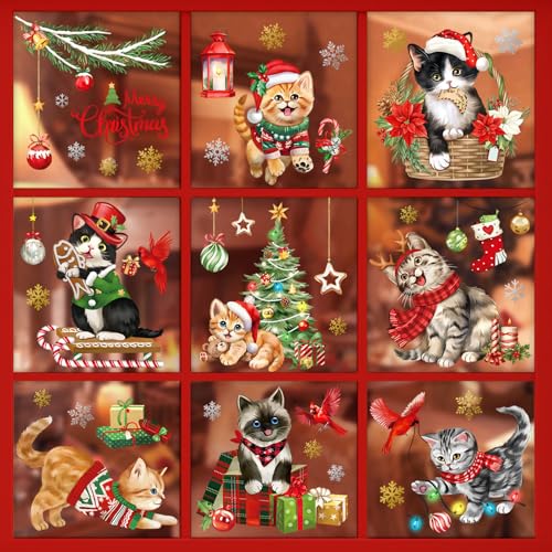decalmile Autocollant Fenêtre Noël Chats Anti-Collision Stickers Chaton Sapin de Noël Stickers Vitre Anti-Adhésifs Fenêtre Réutilisable Electrostatique...