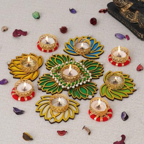 Image of Sanvatsar Plastic Home Decorative Lotus Rangoli&Lotus Diya Set|Corporate Gift, Diwali Gift, Diya For Puja Home Decoration Light Diya, Christmas Candle, Lighting, New Year Candle Set Of 9(Green)