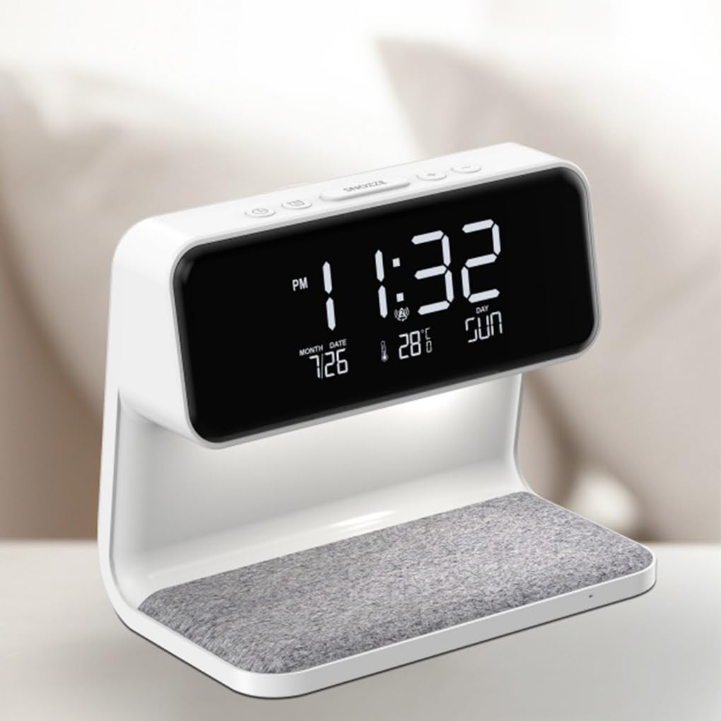 Lampada sveglia intelligente bianca Caricatore wireless Orologio Comodino intelligente Allarme allegro Comodino digitale senza fili Nitido