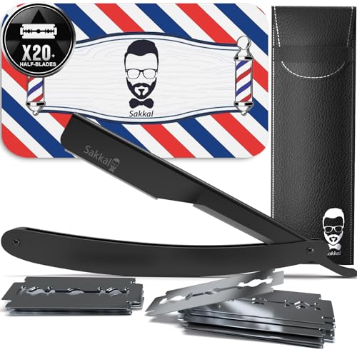 Rasoir à Barbe Coupe choux |20 Demi-Lames Etui Cuir de Transport |KIT rasoir de barbier manuel...