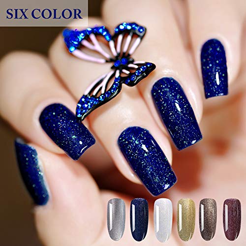 Glitter Gel Nail Polish 6er Set, Soak Off UV LED Light Gel Nail Polish Kit, White Silver Gold Champagne Navy Blue & Pale Mauve Colors Nail Art Colors Shine Finish and Long Lasting (Multi-colored)