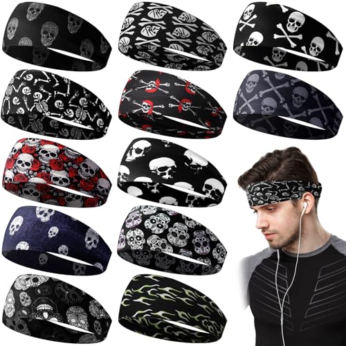 Lyrow 12 Pcs Headbands for Men Running Headband Mens Sweat Bands Headbands for Tennis Athletic Cycling Basketball Yoga Workout Outdoor Sports Gym Jogging Exercise(Skull Style)