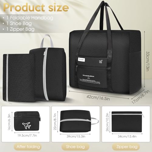 Aevcvok Faltbare Reisetasche, Handgepäck Tasche mit Schuhbeutel und Reißverschlusstasche, Tasche Handgepäck Flugzeug, Leichte Reisetasche für Reisen, Fitness, Camping (Schwarz)