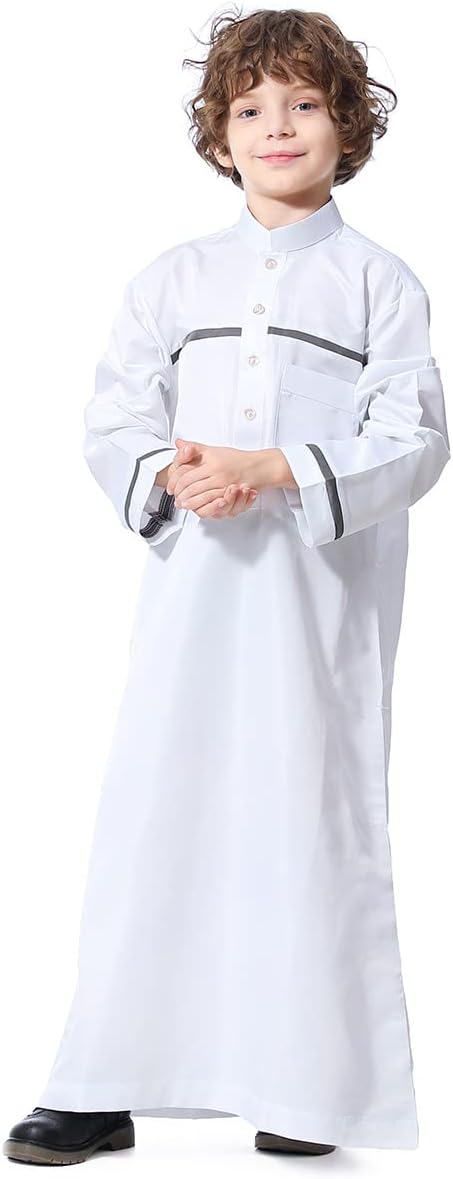 IMEKISKids Boys Muslim Thobe Long Sleeve Islamic Arabic Kaftan Robe Middle East Dubai Prayer Outfit with Pocket