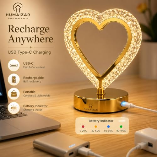 Image of HUMAIZAR Heart Crystal Rechargeable LED Table Lamp, USB Type-C Charging, Touch Control, Warm White LED, Premium Gold Metal & Crystal Acrylic Night Light for Bedroom, Living Room, Home Decor & Gift