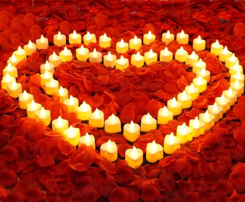 Acejoz Rose Petals and Candles Set 6000 Pieces Fake Rose Petals and 72 Pieces Heart Candle Lights for Bedroom Romantic Decorations for Special Night Wedding Anniversary Valentines Day