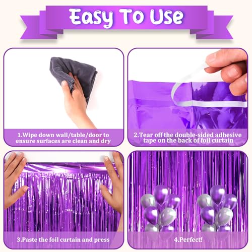 Image of Voircoloria 2 Pack Purple Tinsel Foil Fringe Curtains, Purple Party Decorations, Metallic Tinsel Party Streamers Backdrop for Halloween Mermaid Bachelorette Graduation Party Decorations