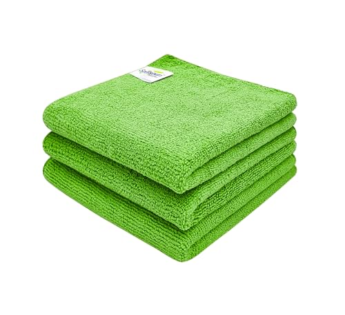 Image of SOFTSPUN Microfiber Cleaning Cloths 30X30cms 3pcs Towel Set 340 GSM Green! Highly Absorbent Lint and Streak Free Multi -Purpose Wash Cloth for Kitchen Car Window Stainless Steel Silverware.