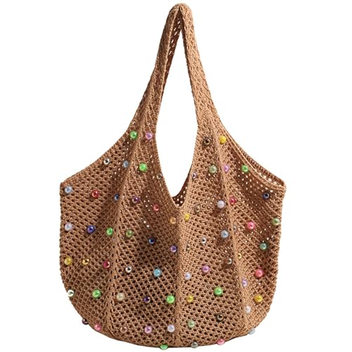 Image of Boho Crochet Beach Tote Shoulder Bag with Colored Beads | Colorful Aesthetic Hippie Knit Bag for Women
