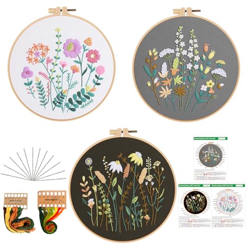 Image of GLTAYLMY 3 Pack Embroidery Starter Kit for Beginners Stamped Cross Stitch Kits with Cute Flowers and Plants Patterns with 1 Embroidery Hoop and Color Threads for Adults
