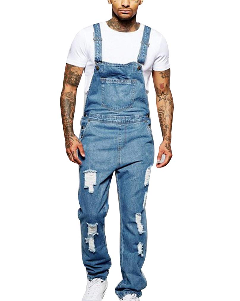 GUOCU Mens Brace Bib Denim Dungarees Ripped Distressed Jeans Vintage Overalls Straight Casual Playsuit Jumpsuit Lightblue M