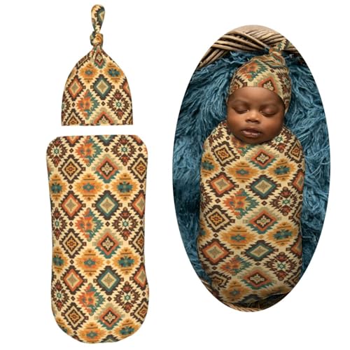 Image of Vintage Aztec Style Newborn Swaddle Blankets Hat Sets Soft Baby Receiving Blanket Swaddle Sack for Baby Shower Infant Boy Girl Gift