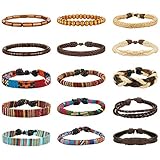 LOYALLOOK 15pcs Men Women Linen Hemp Cords Wood Beads Ethnic Tribal Bracelets Leather Wristbands