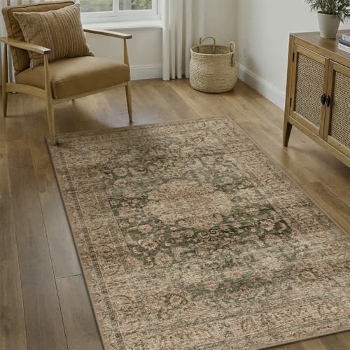 4x6 Washable Green Vintage Area Rug for Entryway Non-Slip Low Pile Traditional Carpet Retro Distressed Soft Thin Accent Throw Rug for Office Kitchen Bathroom Door Mat Indoor Dining Room
