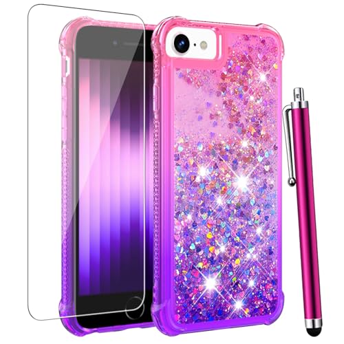 CAIYUNL for iPhone SE Case 2022/2020, iPhone 8 Case, iPhone 7 Case with Screen Protector, Women Girls Cute Glitter Bling Floating Liquid Soft TPU Silicone Shockproof Protective Phone Case -Pink/Purple