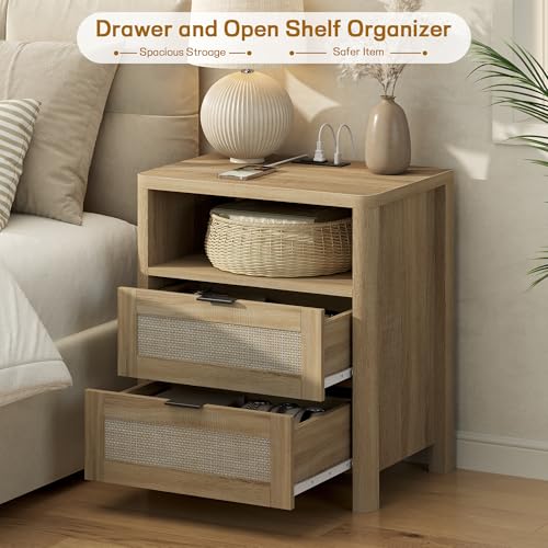 Image of Boho Nightstand Set of 2 with Charging Station, Bedside Table with Drawer & Open Storage Shelf, Mid-Century Modern End Table Rattan, Accent Side Table with Rounded Corners for Bedroom Living Room