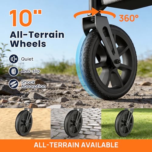 WALK MATE Rollator Walker for Seniors 5.3~7ft Tall, Height-Adjustable Seat, Built-in Cable, 10 Inch Wheels, 16.5 lb Lightweight & Compact Folding Design, 300 lb Capacity, Blue - Thumbnail 2