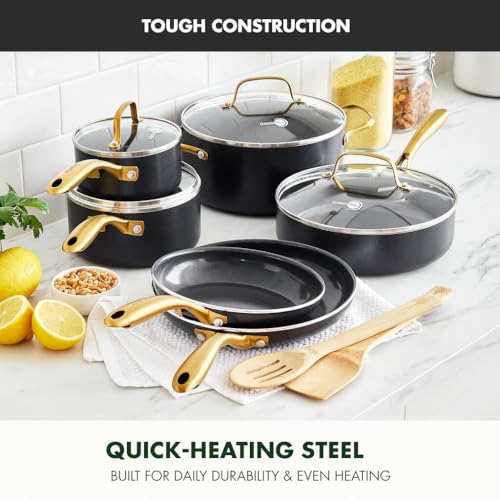 GreenPan 12 Piece Nonstick Swift Cookware Set, Ceramic PFAS-Free Pots & Pans with Lids, Dishwasher & Oven/Broiler Safe to 600F, Kitchen Cooking Set, Sauce, Saute, Stock, Frying Pans, Black/Gold by GreenPan - Image 2