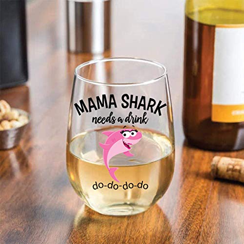 Mama Shark Needs a Drink Funny Wine Glass - Mom Gift For Birthdays, Mother's Day, Christmas, Holidays or Just Because - Stemless