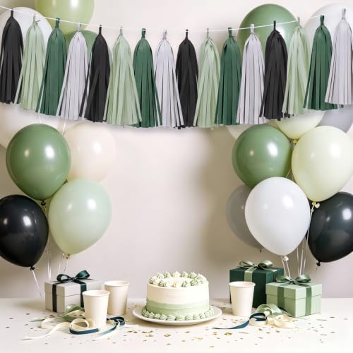 Image of Black Sage Green Tassel Garland for Wedding, Birthday Decorations, 20pcs