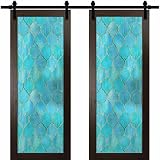 Moroccan Window Film Stained Glass Film, Cyan Frosted Privacy Window Decal, Non Adhesive UV Blocking