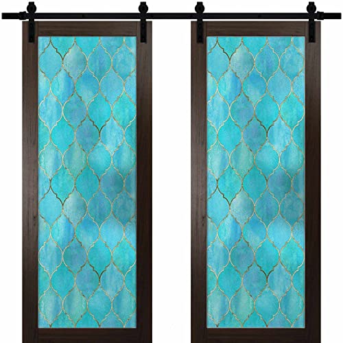 Moroccan Window Film Stained Glass Film, Cyan Frosted Privacy Window Decal, Non Adhesive Uv Blocking Removable Glass Covering #TOP18