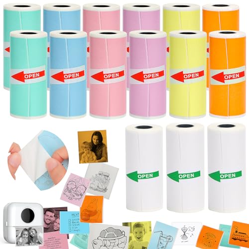HuiJuKeJi 15 Rolls Mini Printer Sticker Paper,Thermal Self-Adhesive Paper 57 * 25mm,3 Rolls of White &12 Rolls of Colour Paper for Pocket Inkless Portable Bluetooth Printer to Print Photo,Note