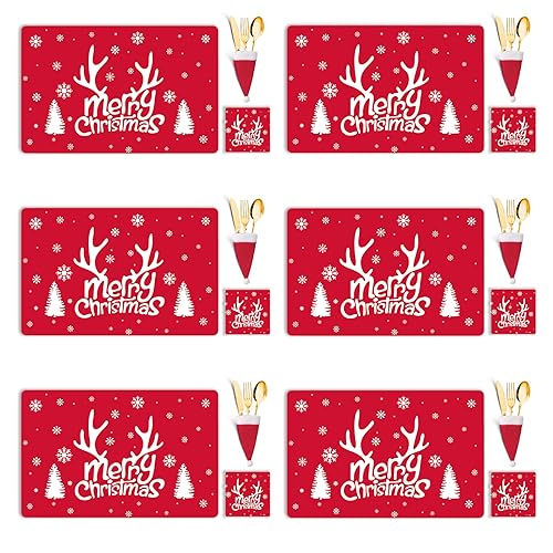 Fox·Bunny Table decor - 18Pcs Placemats Coasters Cutlery set, Placemats Sets, Table Mats, Home Table Mats, Washable Heat Proof Table Mats, 18pcs Red Xmas Placemat Set x D