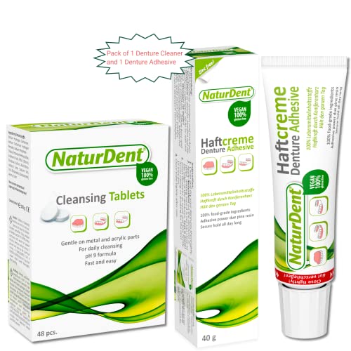 Natural Strong Denture Adhesive Cream NaturDent Holds Dentures Longer and Stronger NO Zinc NO Paraben No Yucky Taste Bundle with NaturDent Denture Cleaner 48 Tablets