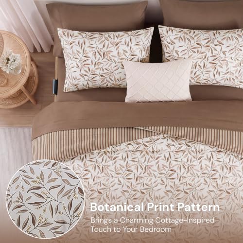 Image of Monbix King Comforter Set - 7 Pieces Floral Bed in a Bag King Bedding Sets | Reversible Botanical Comforter Set with Sheets, Pillowcases & Shams for All Seasons, Brown
